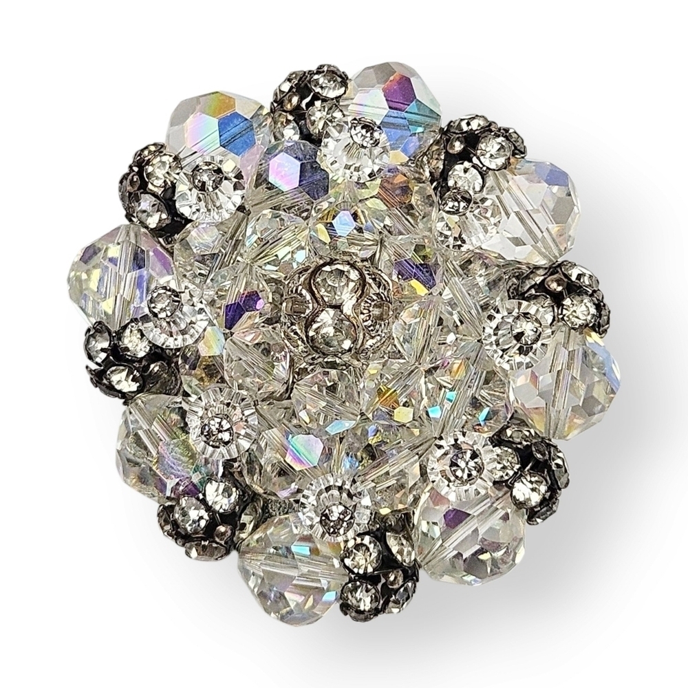 Vendome Flower Brooch Cluster Bead Aurora Borealis AB White Dome Silver Tone Vtg